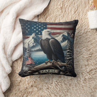 Eagle Perched on Branch With Mountains and Flag Cushion
