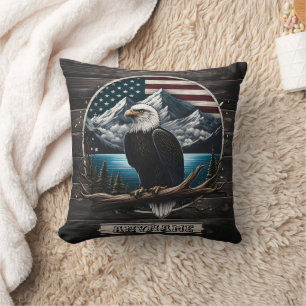 Eagle Perched on Branch With Mountains and Flag Cushion