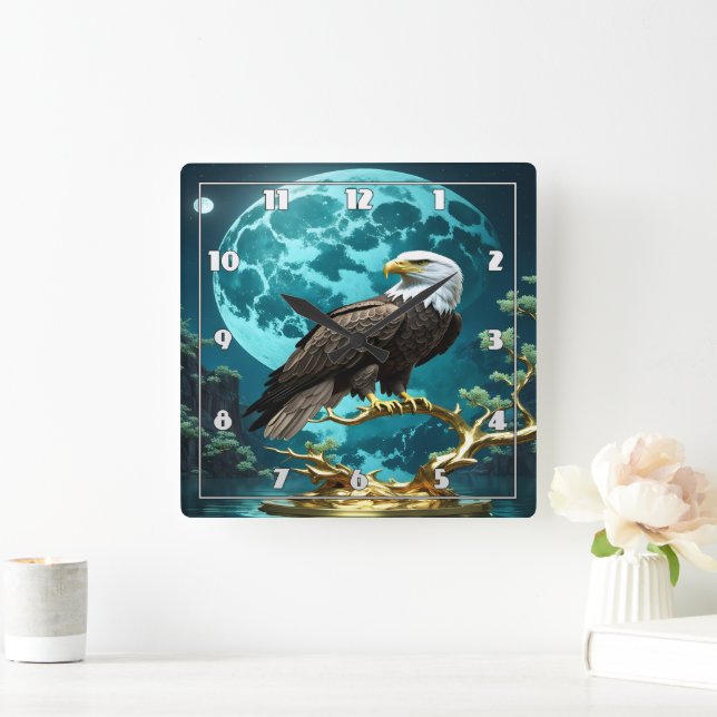 Eagle Perched on Golden Tree Branch at Night Square Wall Clock (Home)