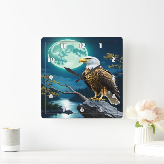 Eagle Perched On Rock Beneath Full Moon Square Wall Clock (Home)