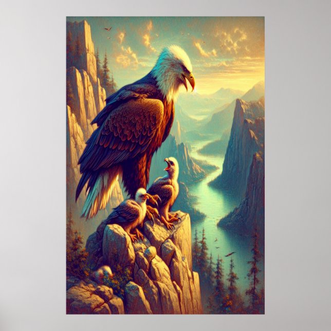 Eagle Perched on Rock With It's Babies Poster (Front)