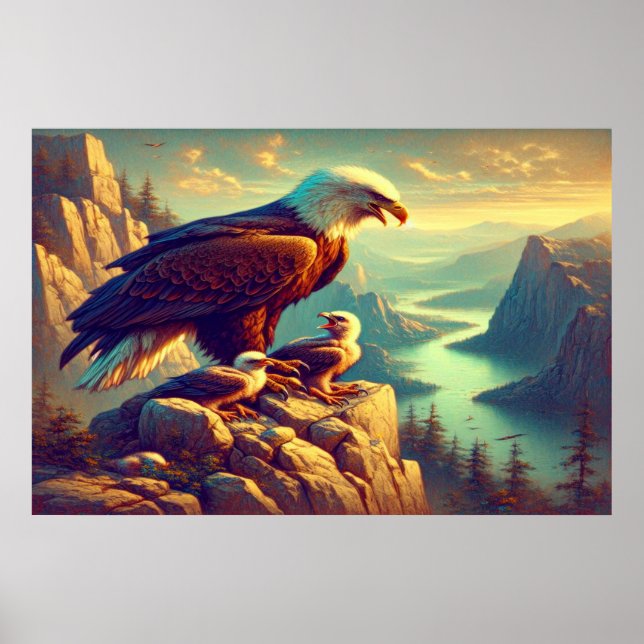 Eagle Perched on Rock With It's Babies Poster (Front)