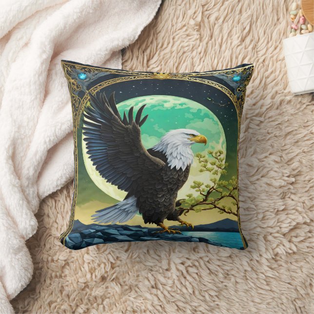 Eagle Perched on Rock With Moonlit Background Cushion (Blanket)