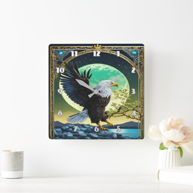 Eagle Perched on Rock With Moonlit Background Square Wall Clock (Home)