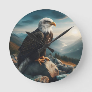 Eagle Perched on Rocky Terrain Round Clock