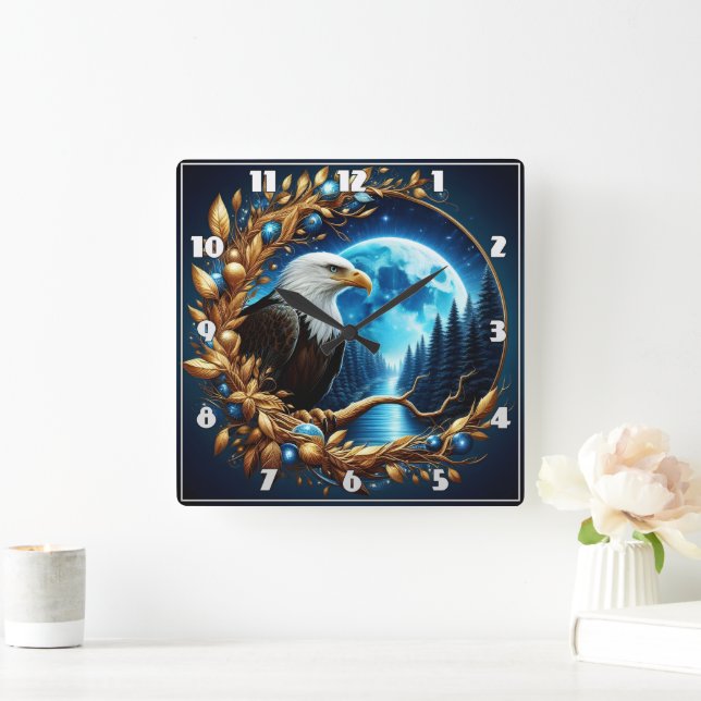 Eagle Perched on Tree Branch Under Moonlight Square Wall Clock (Home)
