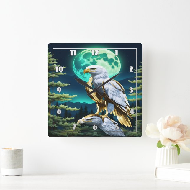 Eagle Perched Under Moonlit Sky in Forest Square Wall Clock (Home)