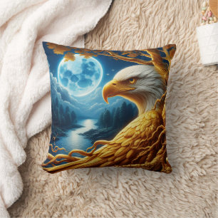 Eagle Resting on a Branch Under Moonlight Cushion