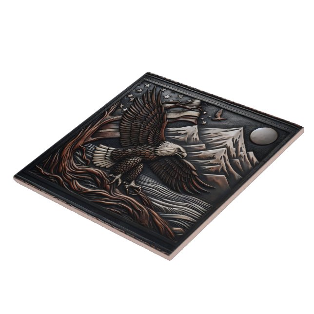 Eagle Sculpture With Mountain and Flag Design Tile (Side)