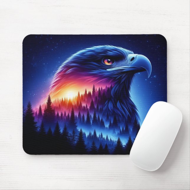 Eagle Silhouette with Forest Sunset Mouse Mat (With Mouse)