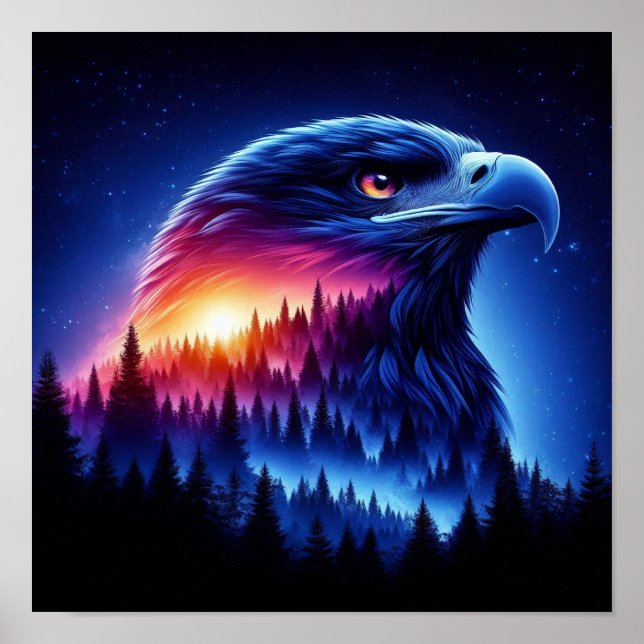 Eagle Silhouette with Forest Sunset Poster (Front)