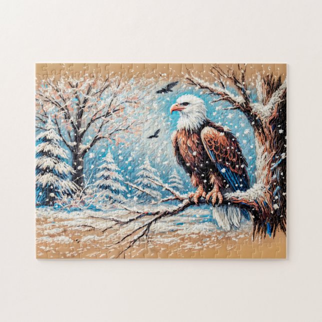 Eagle Sitting on Tree During Snowfall in Winter Jigsaw Puzzle (Horizontal)