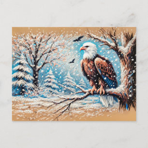 Eagle Sitting on Tree During Snowfall in Winter Postcard
