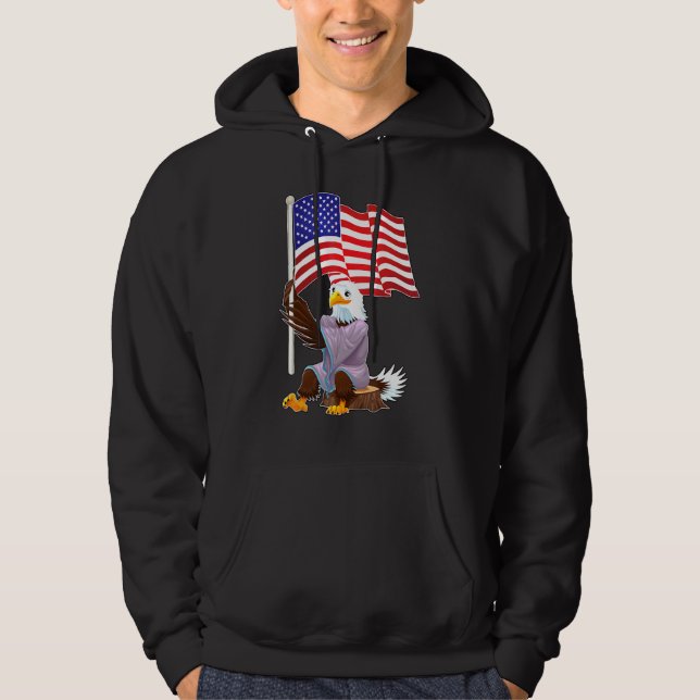 Eagle Sitting On Wood Stump Holding An American Fl Hoodie (Front)