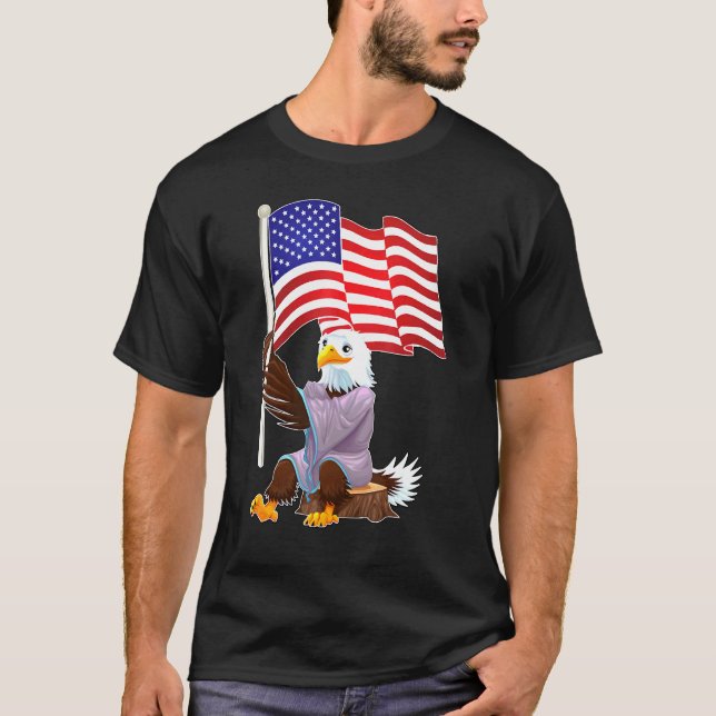 Eagle Sitting On Wood Stump Holding An American Fl T-Shirt (Front)