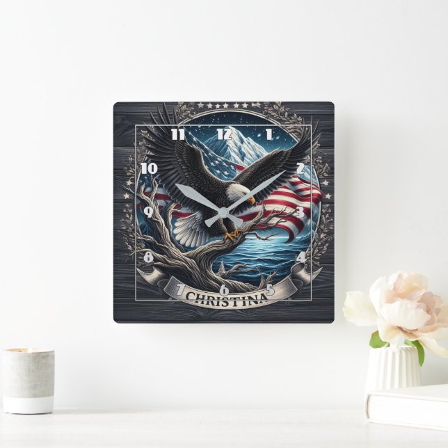 Eagle Soaring Above Mountains With American Flag Square Wall Clock (Home)