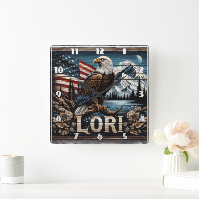 Eagle With American Flag Background Square Wall Clock (Home)