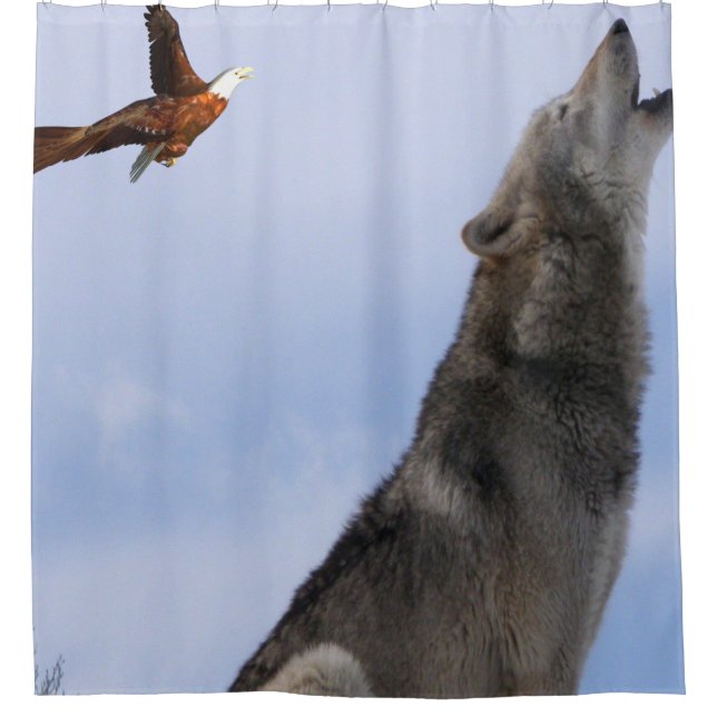 Eagle wolf plain blue shower curtain (Front)