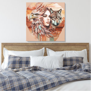Eagle - Woman - Wolf - watercolor art 1 - Fan Fun Canvas Print