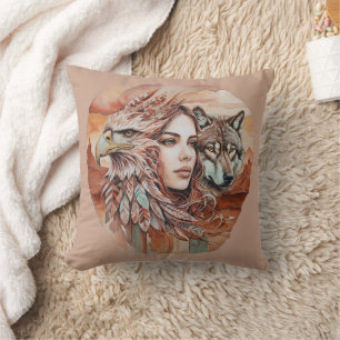 Eagle - Woman - Wolf - watercolor art 1 - Fan Fun Cushion