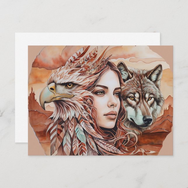 Eagle - Woman - Wolf - watercolor art 1 - Fan Fun Postcard (Front/Back)