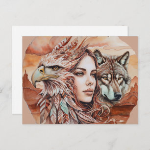 Eagle - Woman - Wolf - watercolor art 1 - Fan Fun Postcard