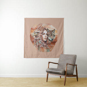 Eagle - Woman - Wolf - watercolor art 1 - Fan Fun Tapestry