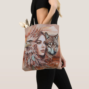 Eagle - Woman - Wolf - watercolor art 1 - Fan Fun Tote Bag