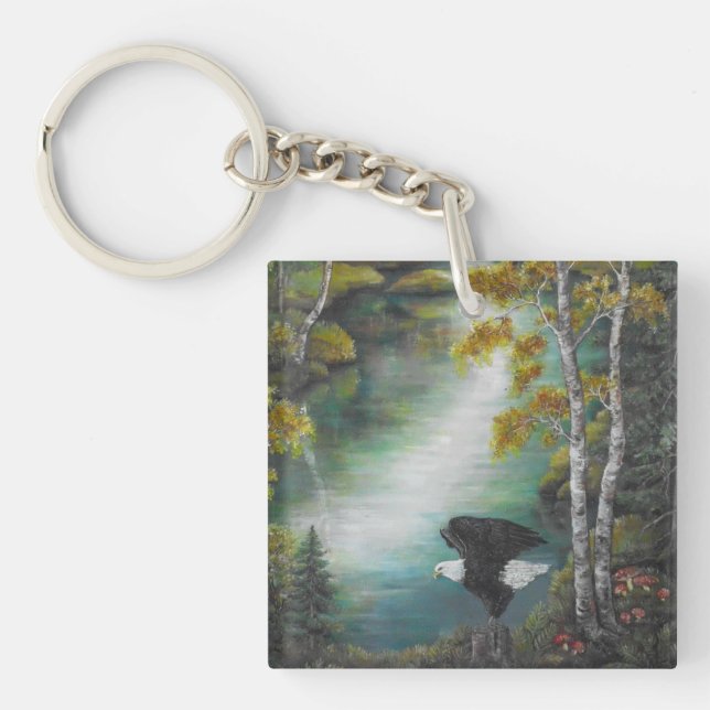 Eagles at the autumn mountain lake oil painting  key ring (Front)