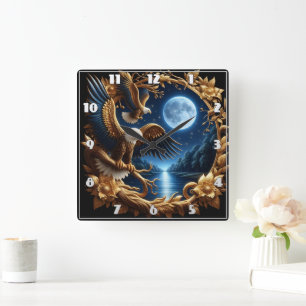 Eagles Perched In Moonlit Forest Square Wall Clock