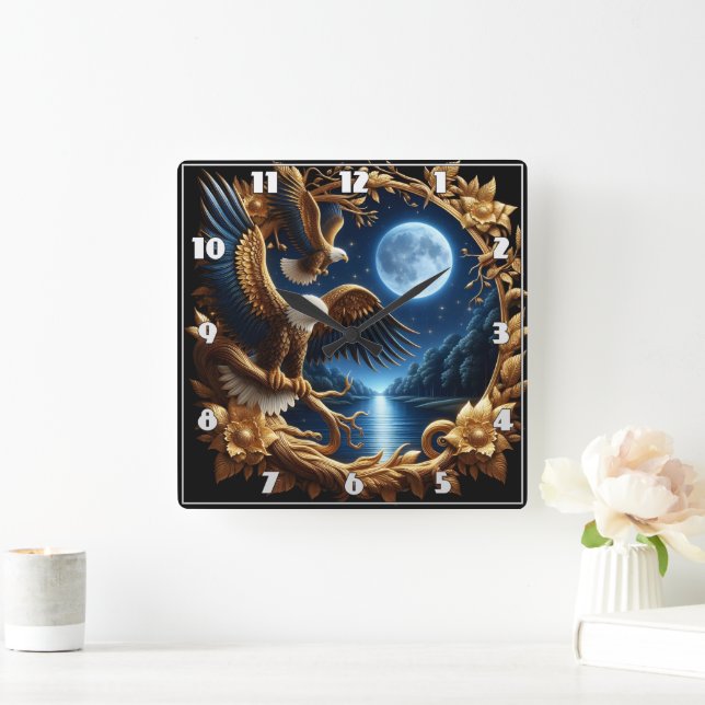Eagles Perched In Moonlit Forest Square Wall Clock (Home)