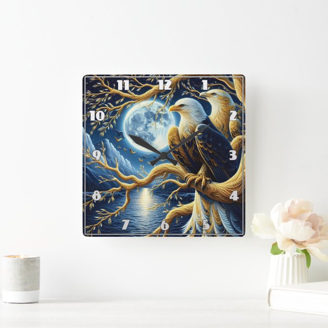 Eagles Perched on Branch Under Moonlit Sky Square Wall Clock (Home)