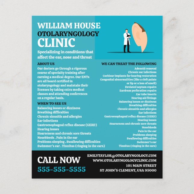 Ear Doctor, Otolaryngologist Otolaryngology Clinic Flyer (Front)