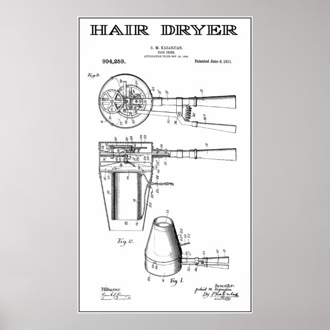 EARLIEST HAIR DRYER PATENT ART 1911 POSTER (Front)