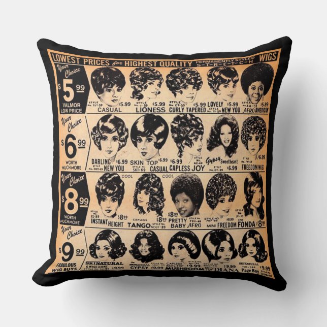 early 1970s wig advertisement print cushion (Front)