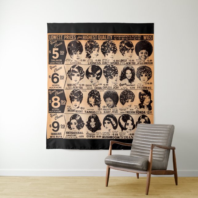 early 1970s wig advertisement print tapestry (In Situ)