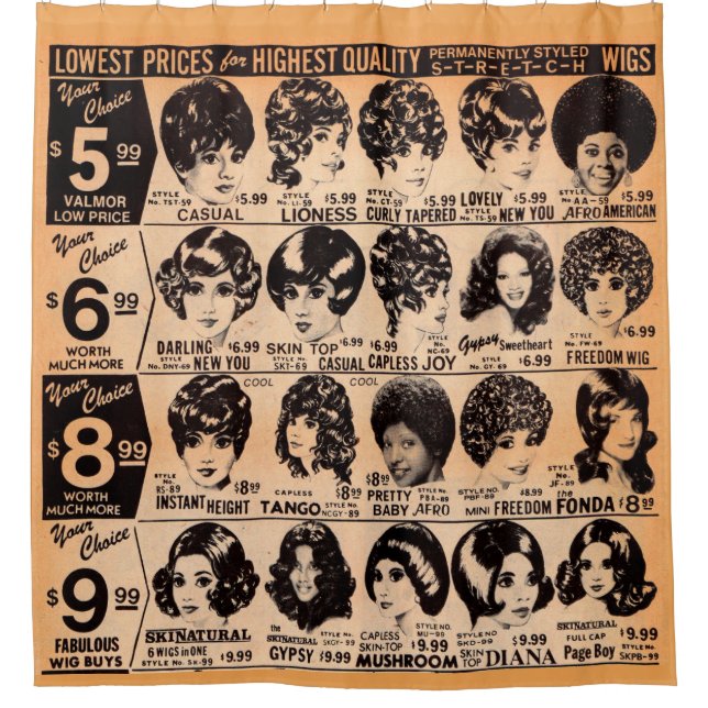 early 1970s wig advertisement shower curtain (Front)