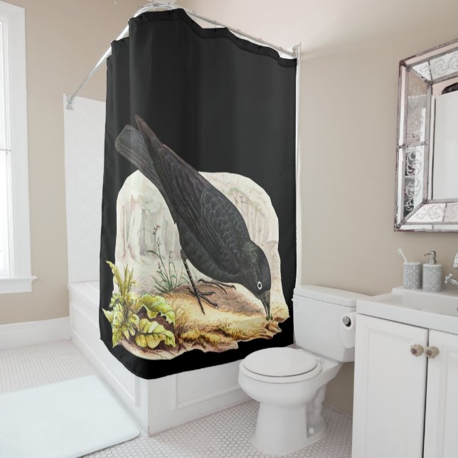 Early Birds. Blackbird Raven Shower Curtain (In Situ)
