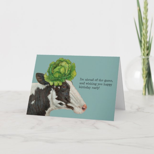 Early birthday card with cow and cabbage (Front)