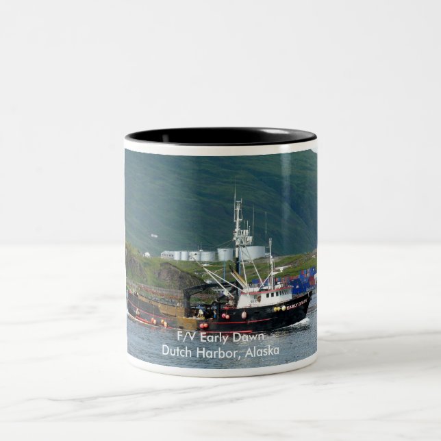Early Dawn, Crab Boat in Dutch Harbour, Alaska Two-Tone Coffee Mug (Center)