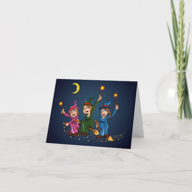 Early illustration of 3 witches on their broom card (Front)