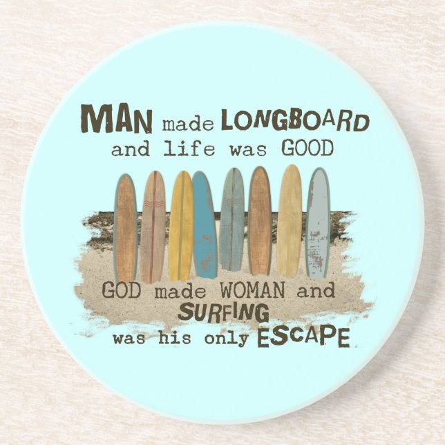 Early Man and Woman Surfing Humour with Longboards Coaster (Front)
