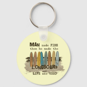 Early Man Surfing Humor with Longboards Key Ring