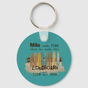 Early Man Surfing Humour with Longboards Key Ring