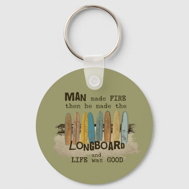Early Man Surfing Humour with Longboards Key Ring (Front)