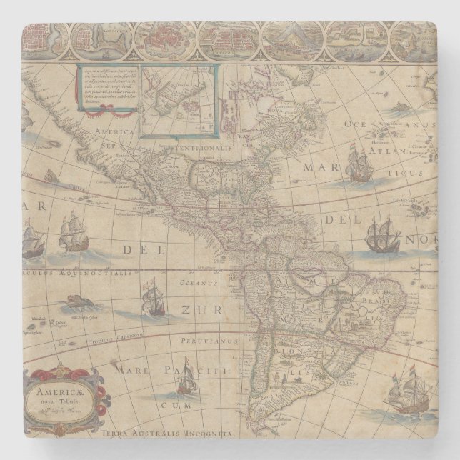 Early Map of America (North & South America) Stone Coaster (Front)