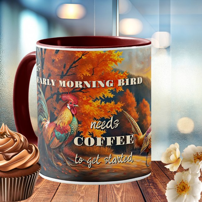 Early Morning Bird Rooster Art Coffee Mug (Mug featuring a painting of an autumn landscape with a rooster and a pheasant. Early morning coffee.)