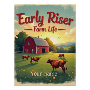 Early Riser Retro Farm Barn Scene Poster