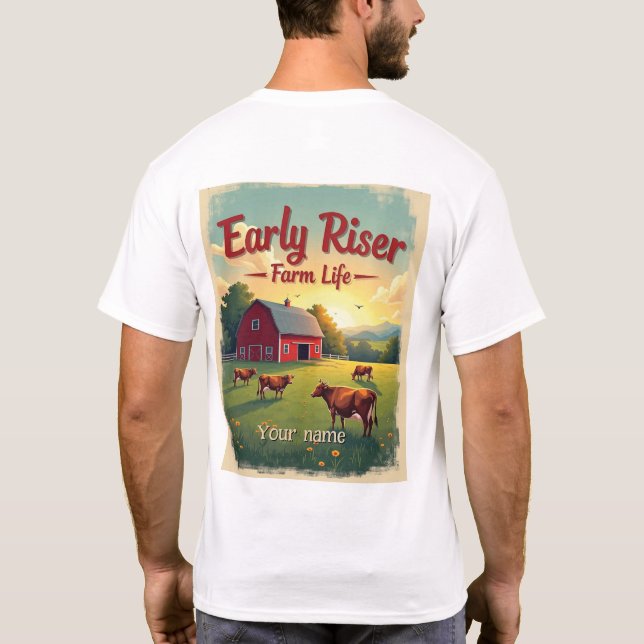 Early Riser Retro Farm Barn Scene T-Shirt (Back)