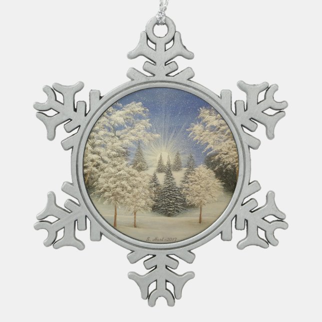 Early Snow Storm Snowflake Pewter Christmas Ornament (Front)